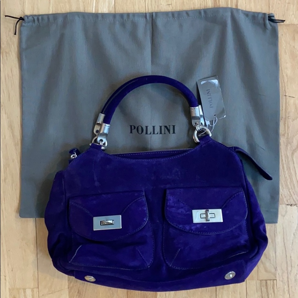 Pollini purple suede handbag w/ zip top closure